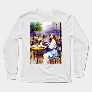 beauitful woman on parisian cafe Long Sleeve T-Shirt